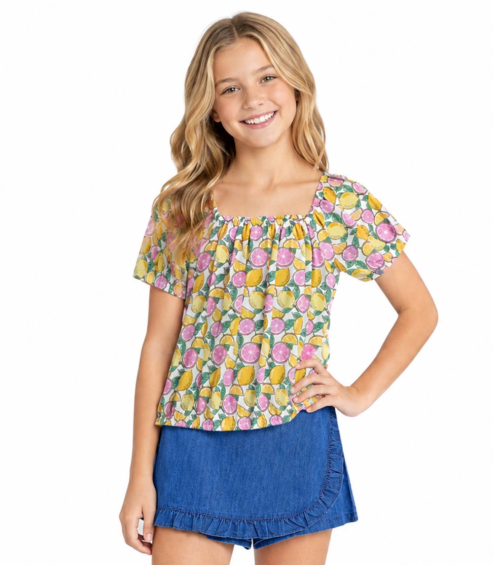 Top abullonado rosa aguamarina con lazo y falda pantalón vaquera para niña - 2466702