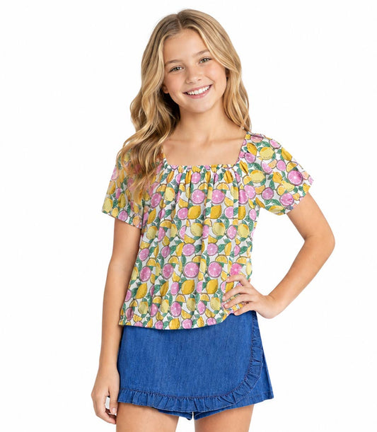 Top abullonado rosa aguamarina con lazo y falda pantalón vaquera para niña - 2466702