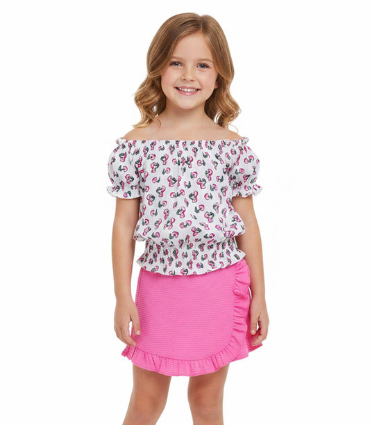 GIRLS PINK Cherry Print Top With Smoking At Hem And Skort Set - 2492402