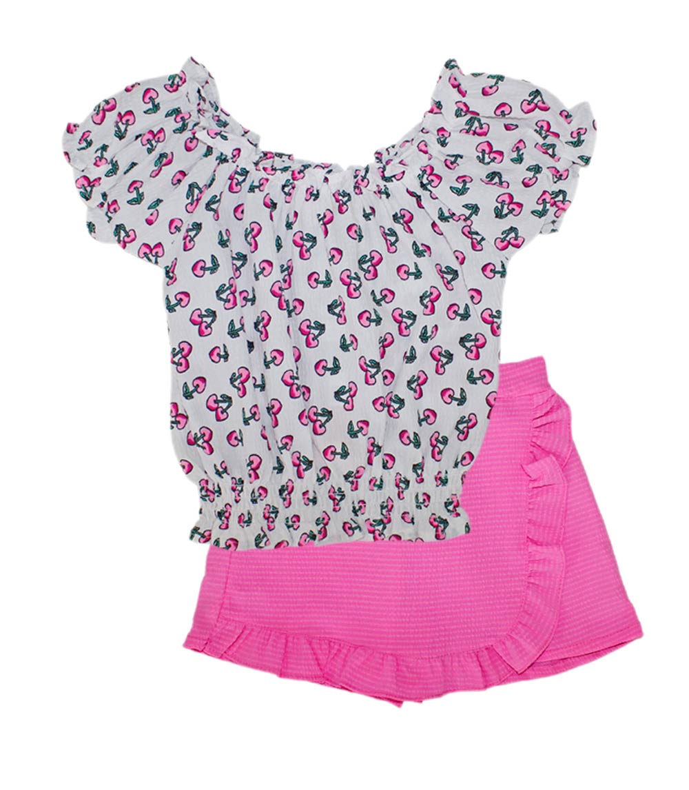 GIRLS PINK Cherry Print Top With Smoking At Hem And Skort Set - 2492404