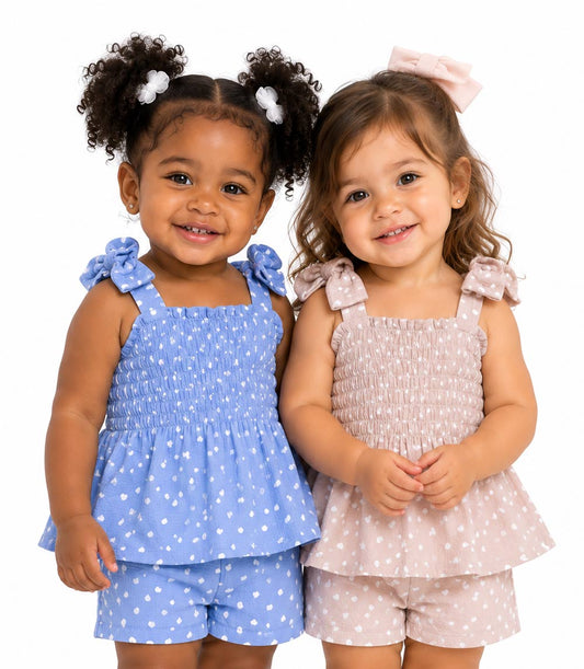 GIRLS PINK Smocked Top With Bows On Straps Woven Short Set - 2802201