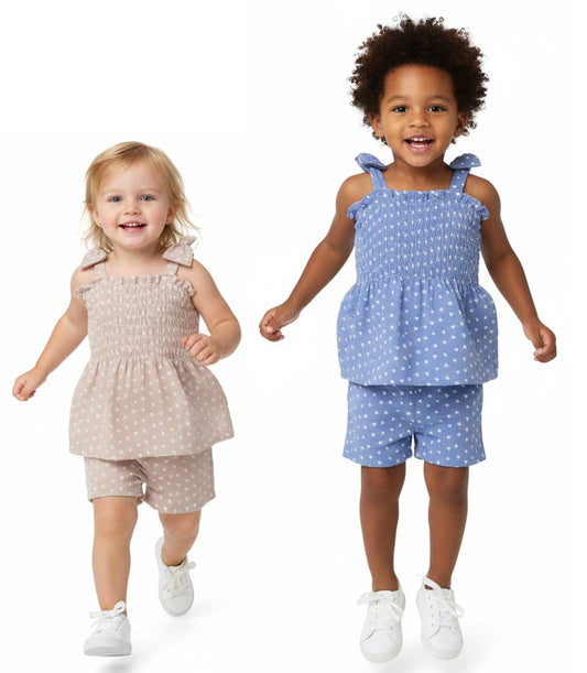 GIRLS PINK Smocked Top With Bows On Straps Woven Short Set - 2802201