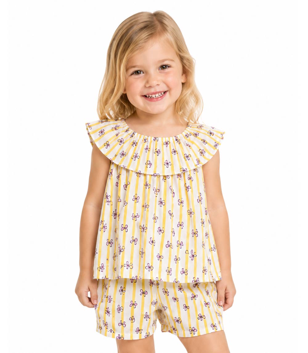 Conjunto de top tejido con volante grande en manga y short vaquero para niña en color rosa - 2130602
