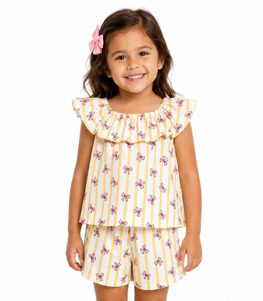 GIRLS PINK Ruffle on S Neck Top With Matchy Bow Print Short Set- 2816002