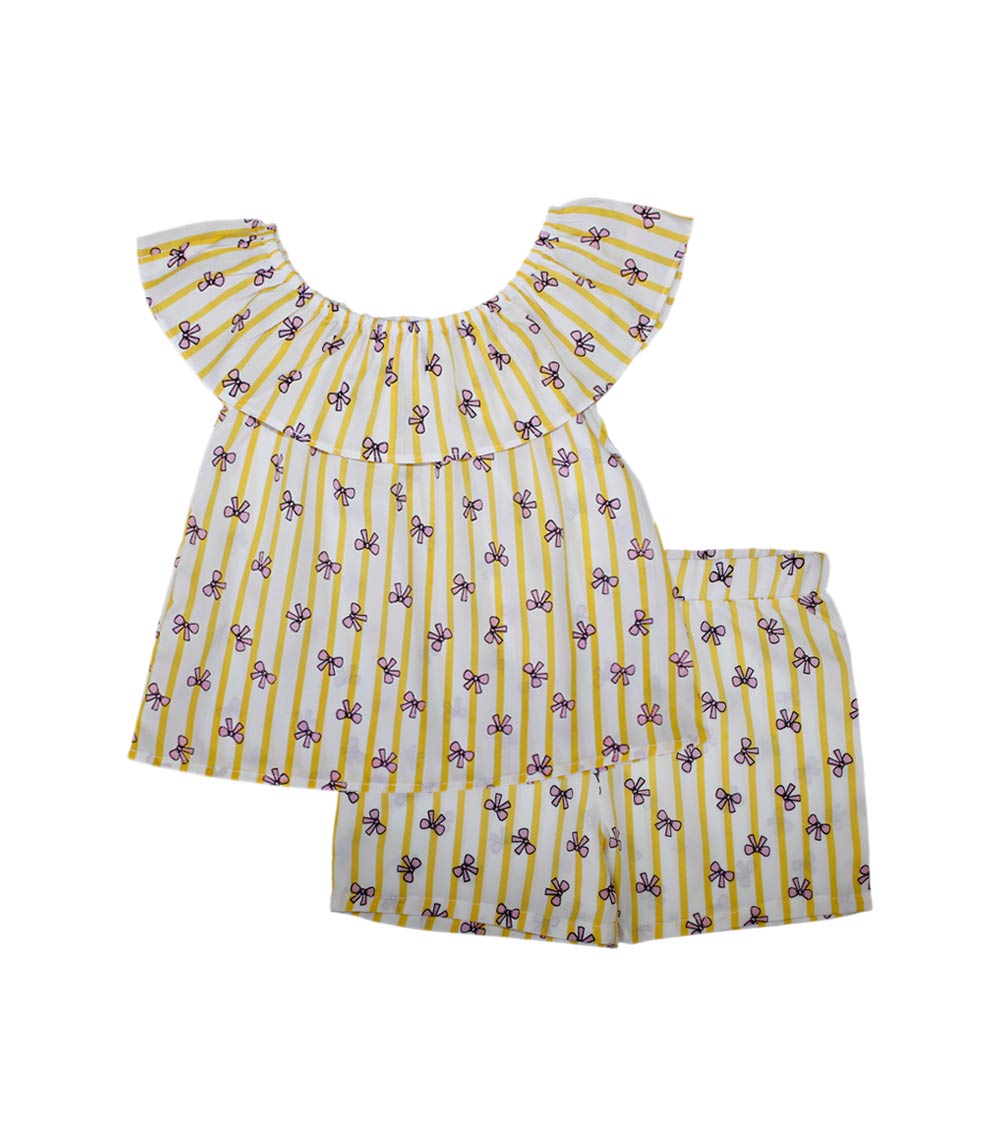 Conjunto de top tejido con volante grande en manga y short vaquero para niña en color rosa - 2130602