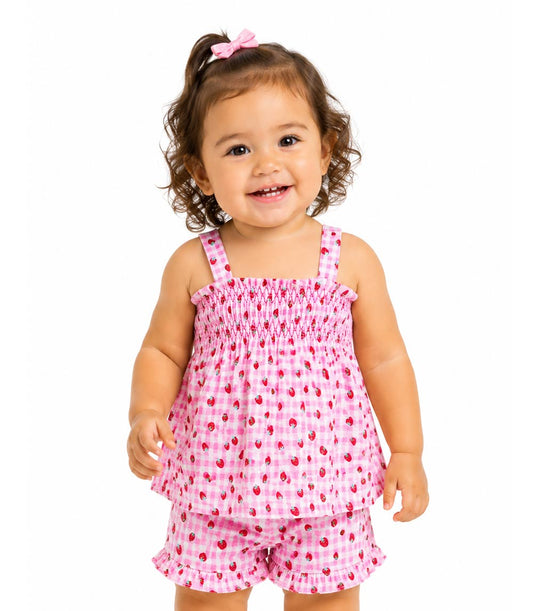 GIRLS PINK Strawberry Plaid Print Smocked Top With Ruffle Woven Short Set- 2844601