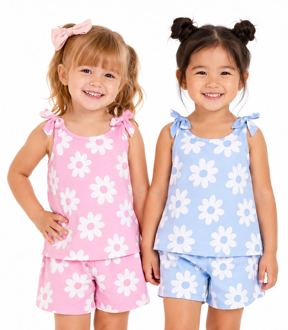 Conjunto de top tejido con volante grande en manga y short vaquero para niña en color rosa - 2130602