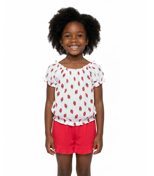 GIRLS PINK Strawberry Print Peasant Top and Short with Ruffle - 2852202
