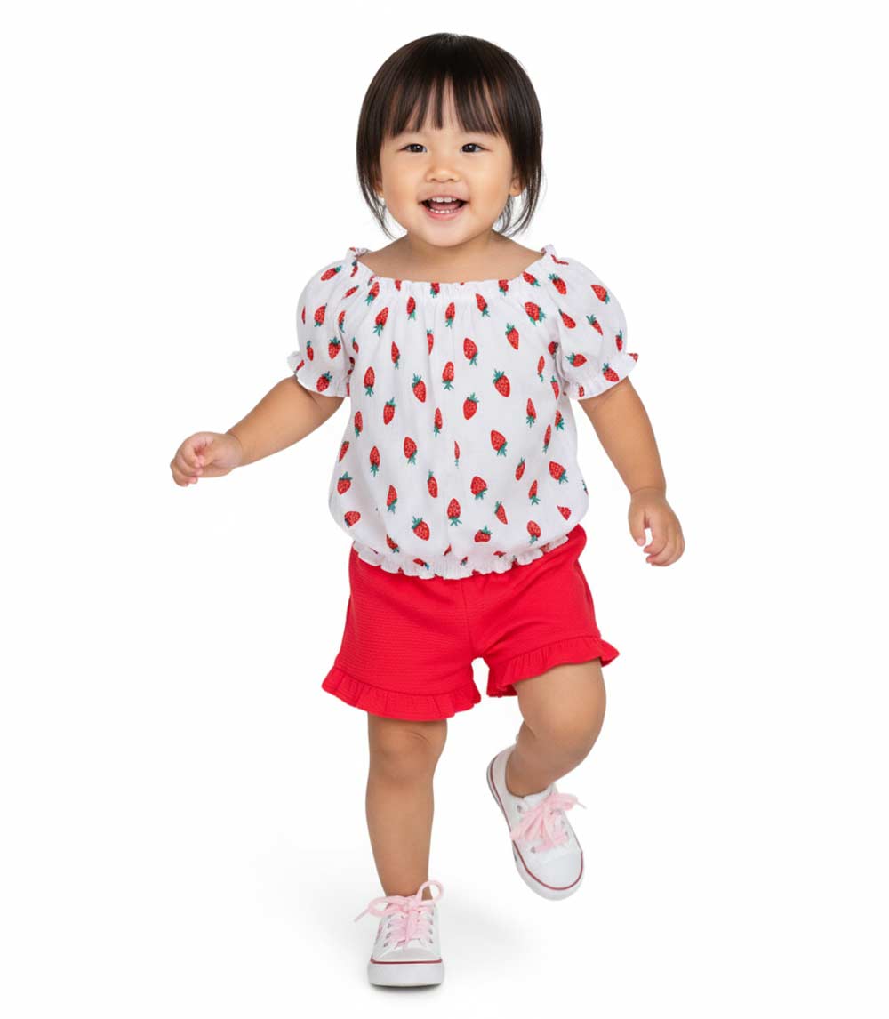 GIRLS PINK Strawberry Print Peasant Top and Short with Ruffle - 2852201