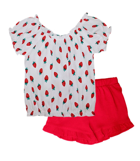 GIRLS PINK Strawberry Print Peasant Top and Short with Ruffle - 2852202