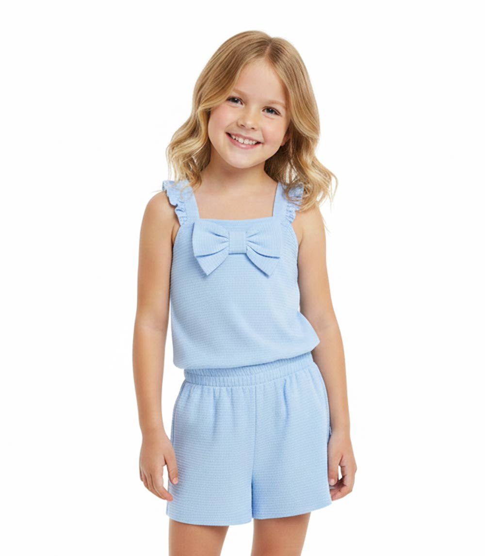 Conjunto corto tejido con top rosa y lazo grande para niña - 2853467