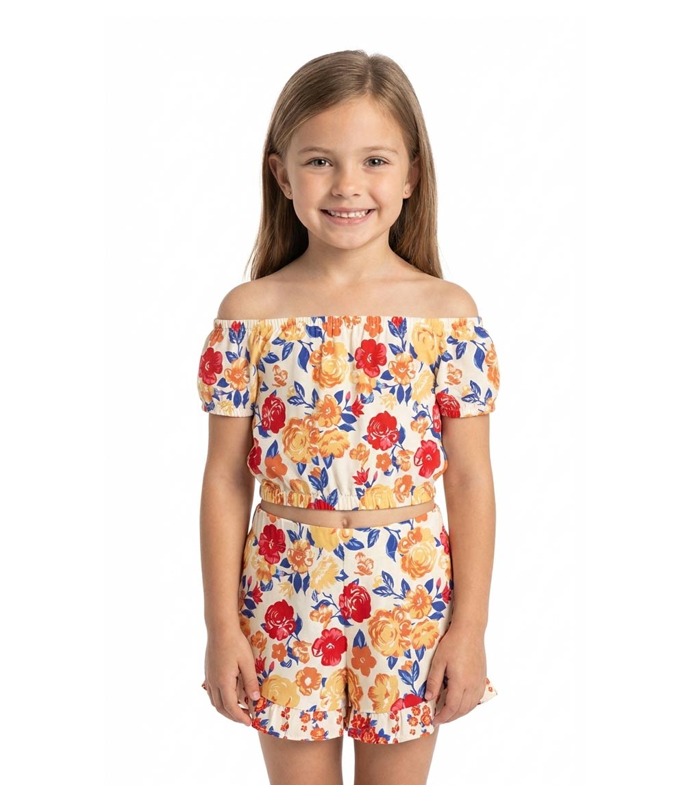 GIRLS PINK Top W Elastic Neck Hem And Ruffle Short Set - 2879404