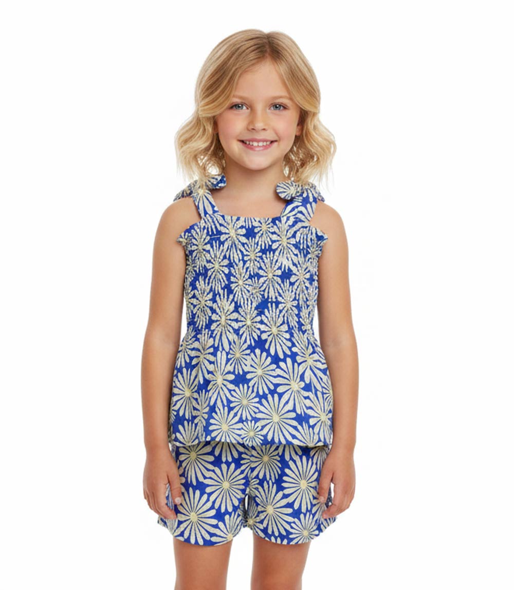 Conjunto de top tejido con volante grande en manga y short vaquero para niña en color rosa - 2130602