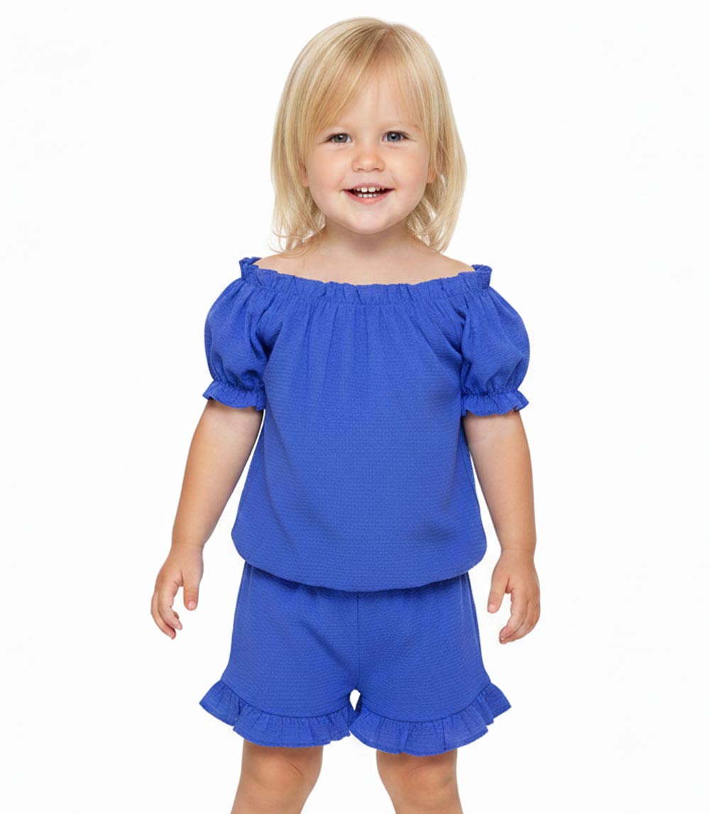 Conjunto de top tejido con volante grande en manga y short vaquero para niña en color rosa - 2130602