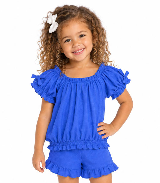 GIRLS PINK Top With Puff Sleeve and Bows Ruffled Short Set - 2892302