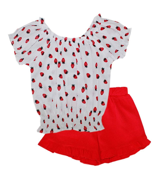 GIRLS PINK Smocked Strawberry Print Top with Short Ruffle Set - 2893004