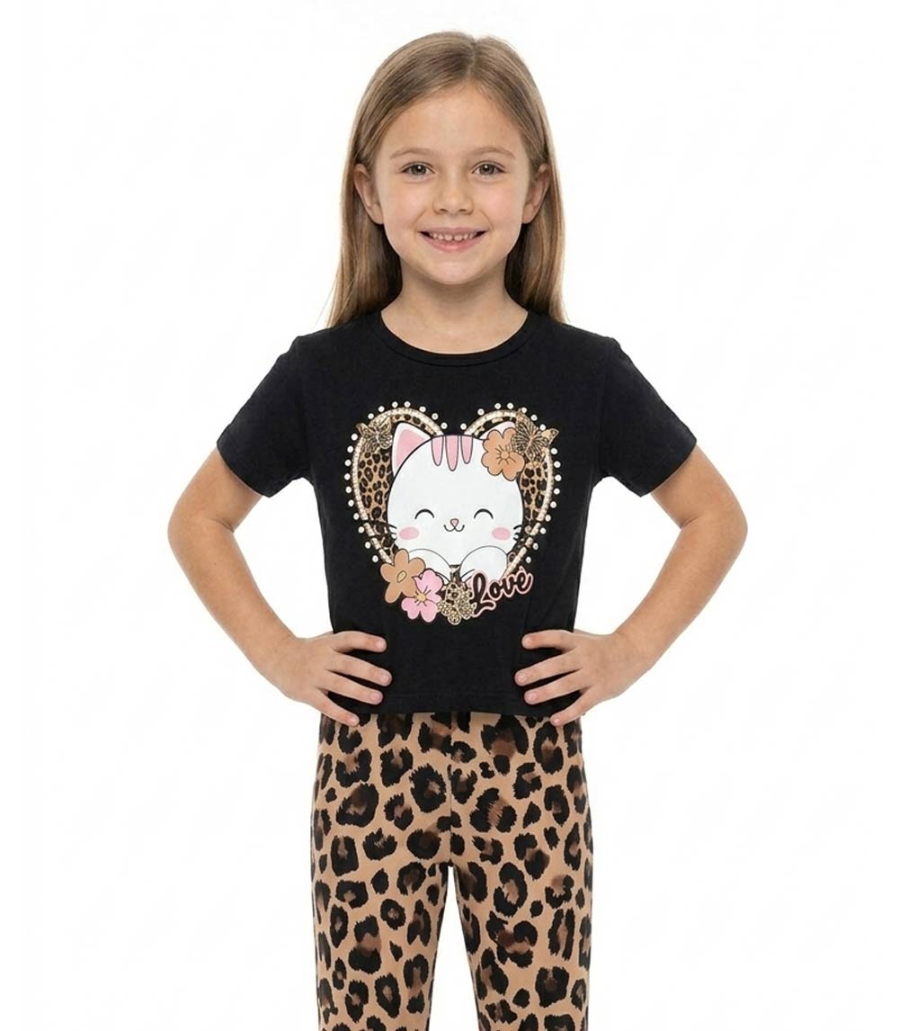 GIRLS PINK Love Heart Cat Screen Top w Flared Pant Animal Print-6509104