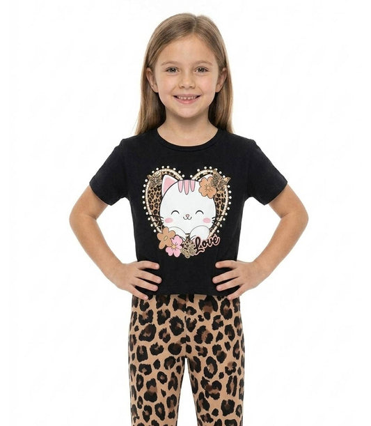 Top rosa con estampado de gato y corazón para niña con pantalón acampanado y estampado animal - 6509104