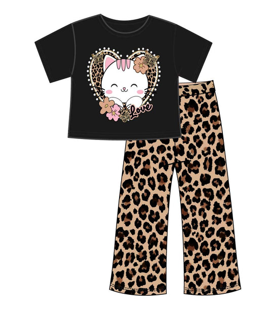 GIRLS PINK Love Heart Cat Screen Top w Flared Pant Animal Print-6509104