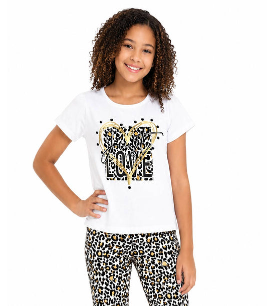 Top blanco con estampado de corazones Just Love para niña con pantalón acampanado con estampado animal - 6561004