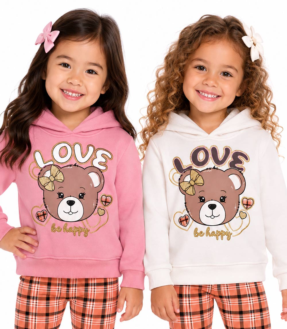 Conjunto de leggings polares con capucha y estampado de oso rosa para niña - 7301701