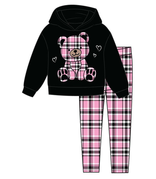 GIRLS PINK Pink Plaid Teddy Bear Hooded Fleece Legging Set-7313502