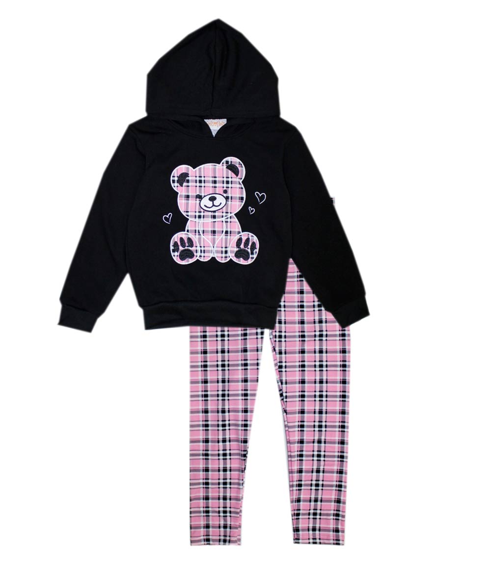 GIRLS PINK Pink Plaid Teddy Bear Hooded Fleece Legging Set-7313502