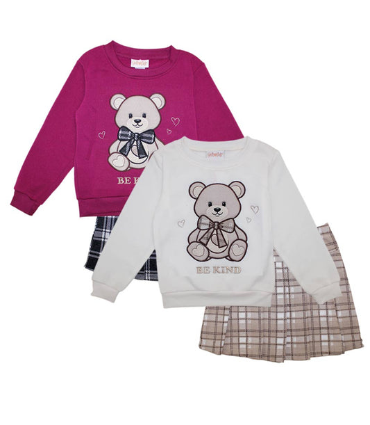 GIRLS PINK Teddy Bear "Be Kind" Applique Fleece Top and Pleat Skirt Double Knit - 7441104