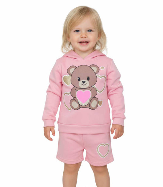 GIRLS PINK Teddy Bear w Hearts Screen Hooded Fleece and Short Set-7490902