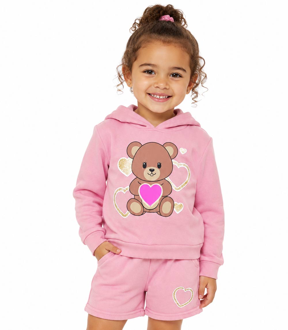 Girls Teddy Bear Hooded Fleece & Heart Shorts Set – 7490902