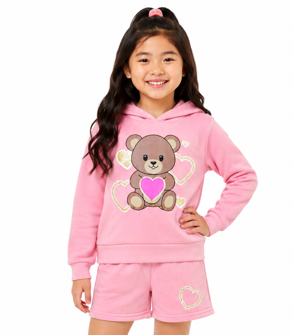 Girls Teddy Bear Hooded Fleece & Heart Shorts Set – 7490904