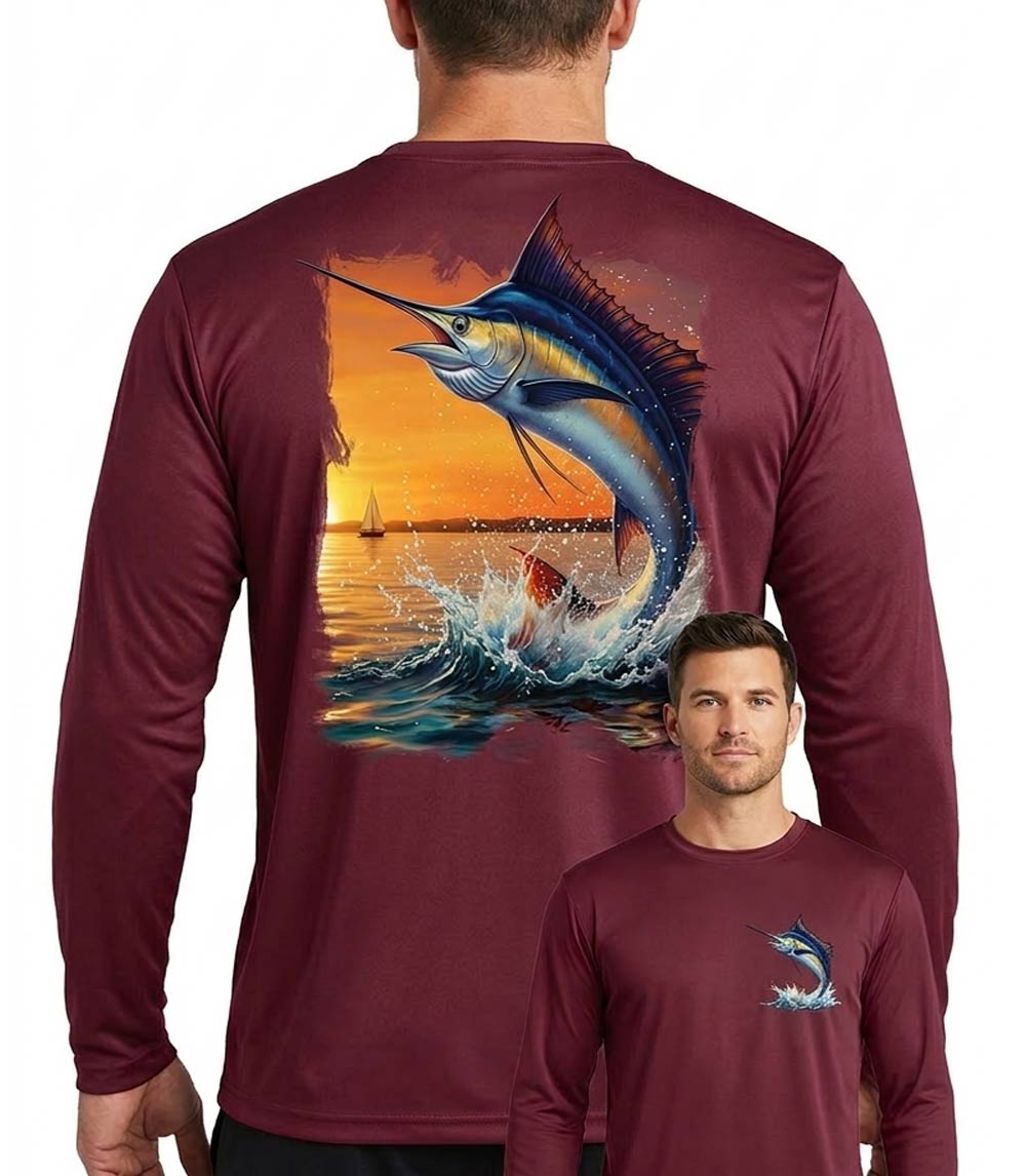 Men Performance L/S Top Blue Marlin Fish Print Design - 7633309