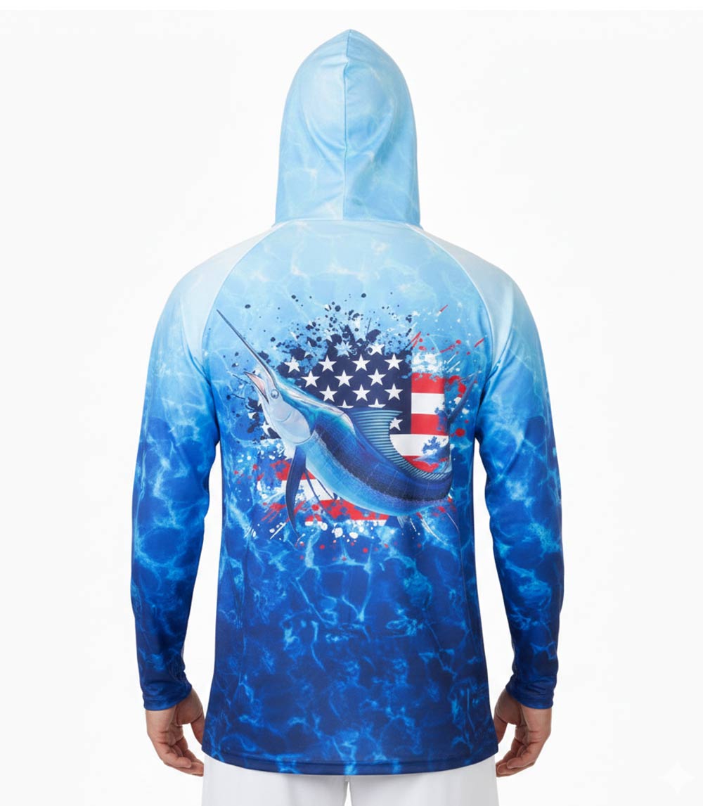 Men Performance Long Sleeve Hoodie Top Fish USA Flag Graphic-7648009