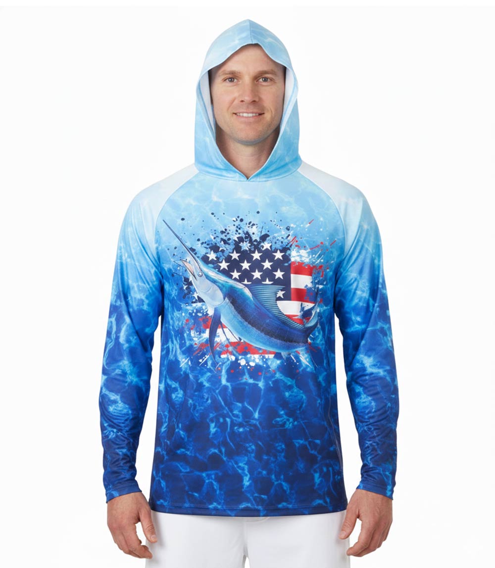 Men Performance Long Sleeve Hoodie Top Fish USA Flag Graphic-7648009