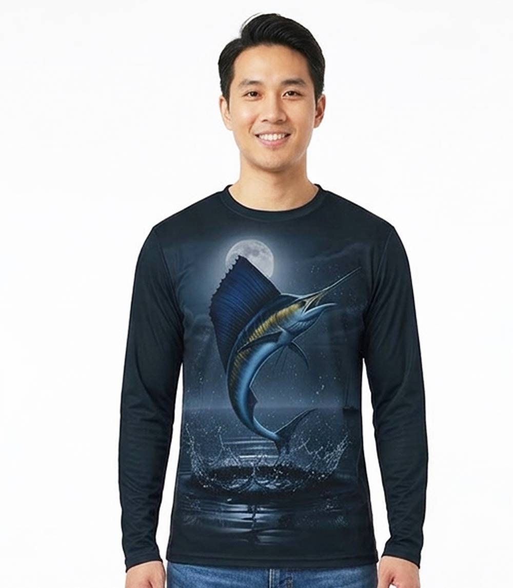 Men Performance L/S Top Blue Marlin Under the Moonlight Fish Design - 7651209