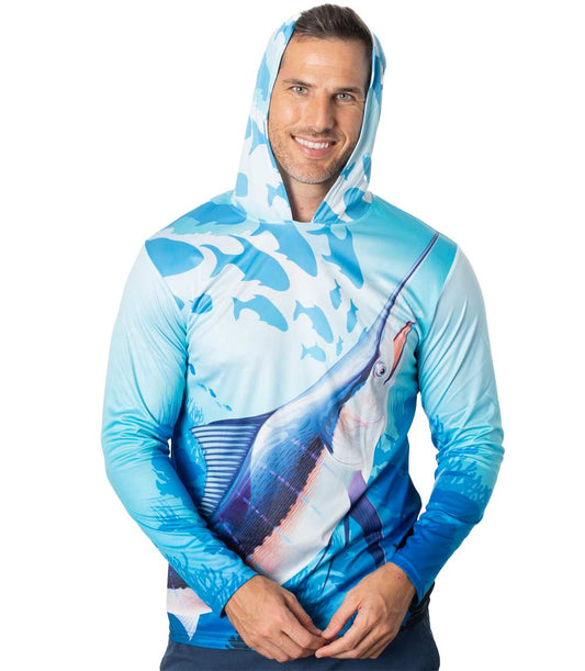 Men Performance Hoodie Top Deep Blue Sea Marlin Fish Graphic-7665809