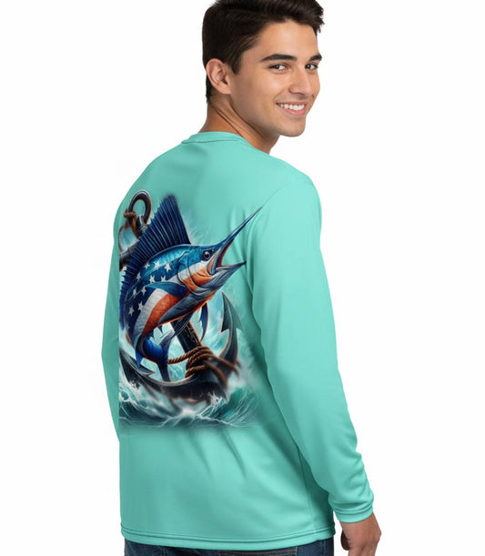 Men Performance L/S Top Marlin Fish with USA Flag - 7671609