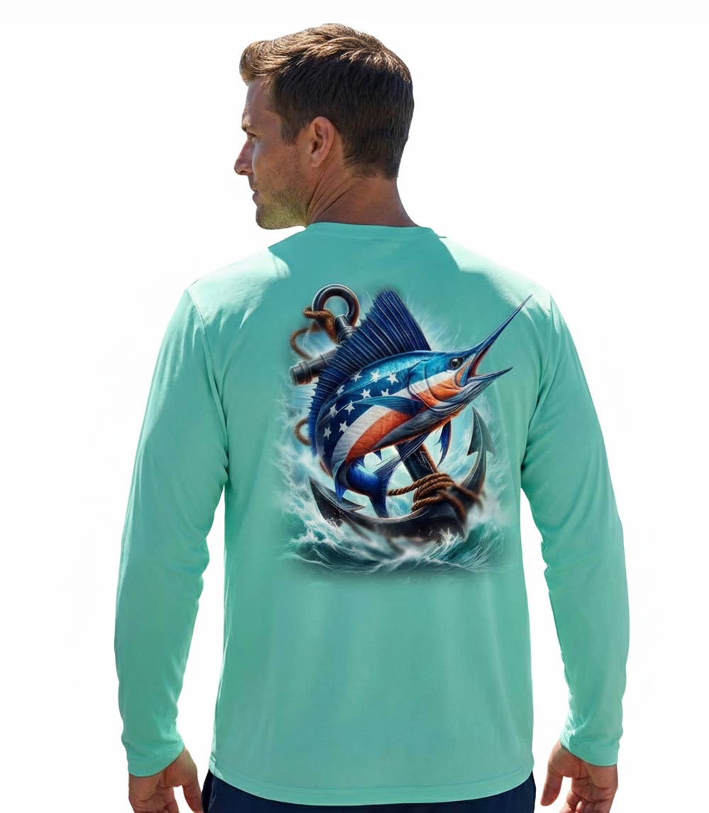 Men Performance L/S Top Marlin Fish with USA Flag - 7671609
