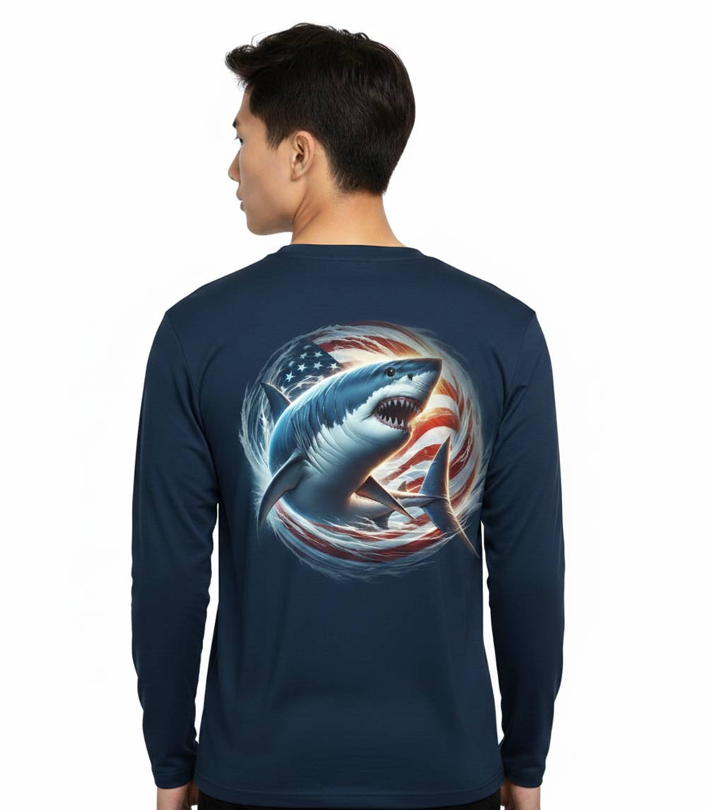 Men Performance L/S Top Shark with USA Flag Design - 7678209