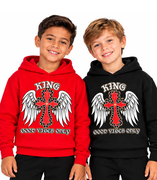 S1OPE King Good Vibes Only Screen Print w Rhinestone Pull On Hoodie & Jogger Set – 8158002