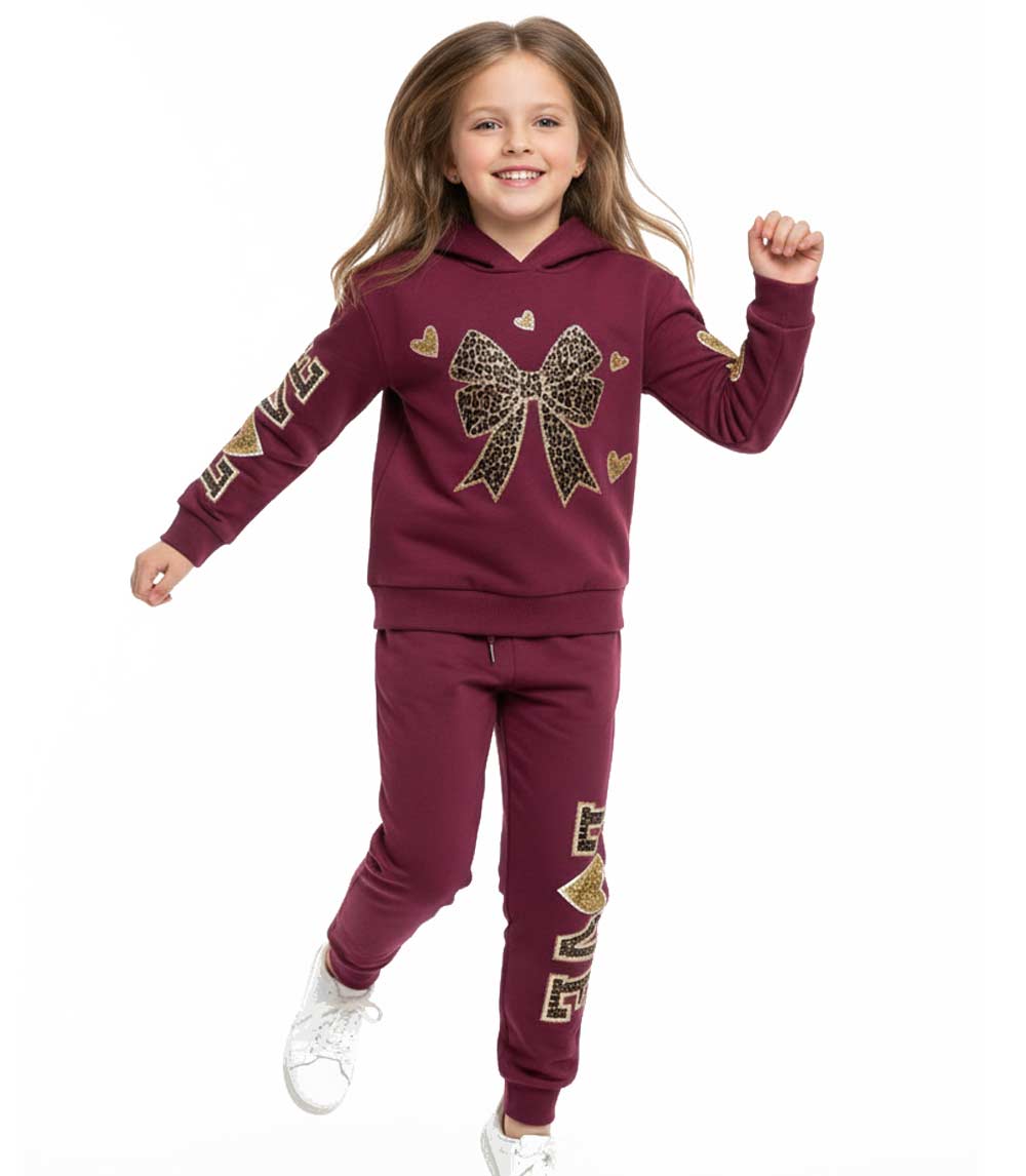 GIRLS PINK Love Screen & Leopard Bow Hoodie Jogger Set – 8606604