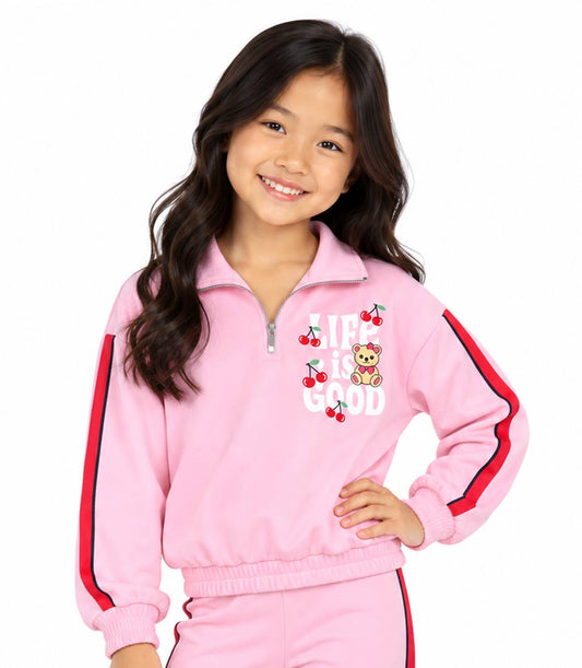 Girls Pink Half Zip Top w Screen on Chest and Flared Pants – 8628104