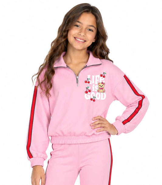 Girls Pink Half Zip Top w Screen on Chest and Flared Pants – 8628127