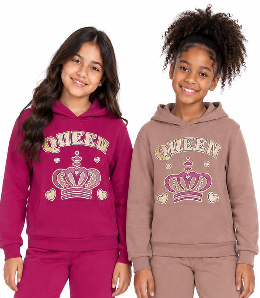 Girls “Queen” Screen Hoodie & Jogger Set – Pink & Brown (Ages 7–12) – 8629627