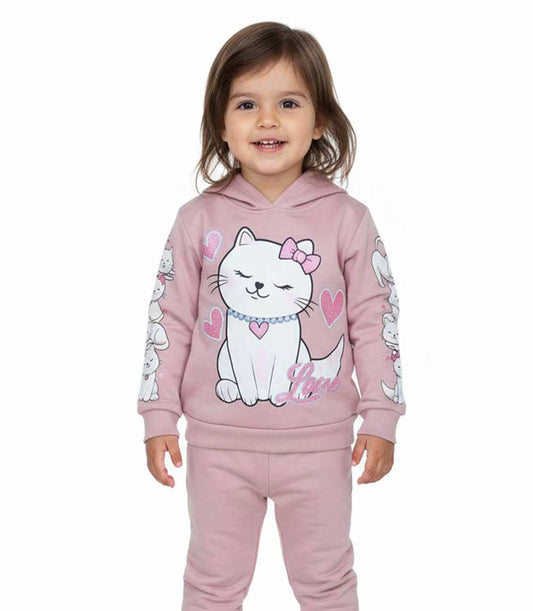 GIRLS PINK Kitty Cat Screen on Chest and both Sleeves Hooded Pull Over Jogset-8633502