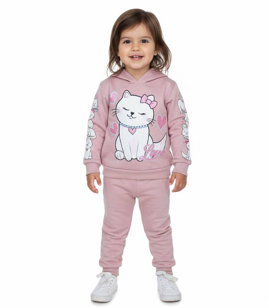 GIRLS PINK Kitty Cat Screen on Chest and both Sleeves Hooded Pull Over Jogset-8633502