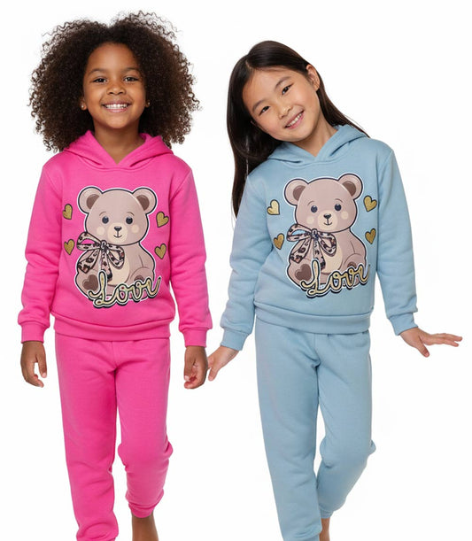 GIRLS PINK Teddy Bear Love Screen Hooded Pull Over Jogset-8640004