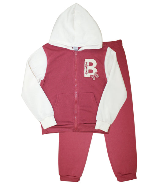 GIRLS PINK B Beautiful Chenille Patch Fleece Zip Front with Hood-8644727