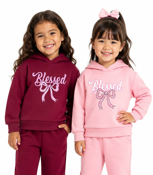 Girls Pink Blessed & Bow Screen W Stones Hoodie & Jogger Set – 8655102