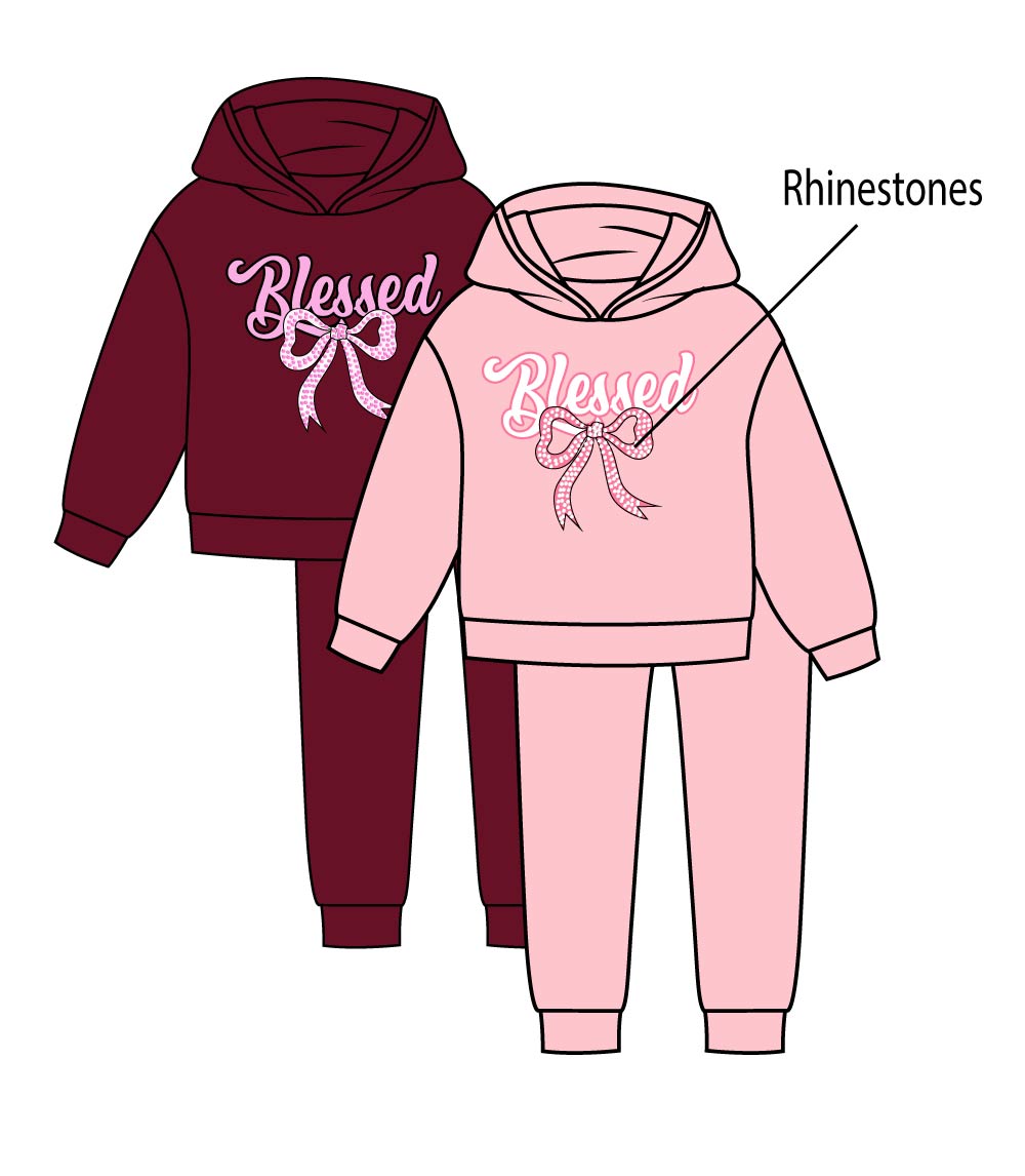 Girls Pink Blessed & Bow Screen W Stones Hoodie & Jogger Set – 8655102